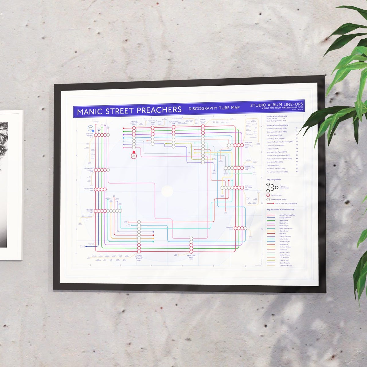 Manic Street Preachers discography map in 24x18in, framed Giclée wall art print sized for US framing, designed by Mike Bell.