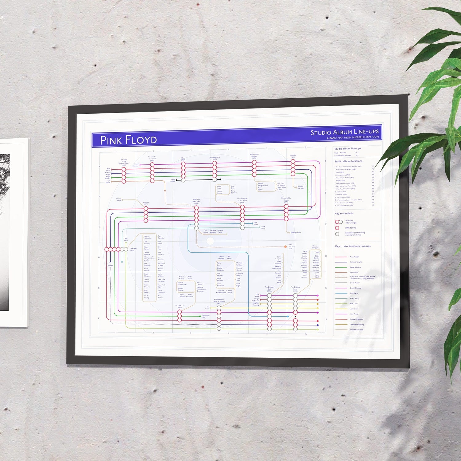 Gift for Pink Floyd fans - 24x18in (A2 equivalent) framed Giclée discography tube map wall art print, designed by Mike Bell.