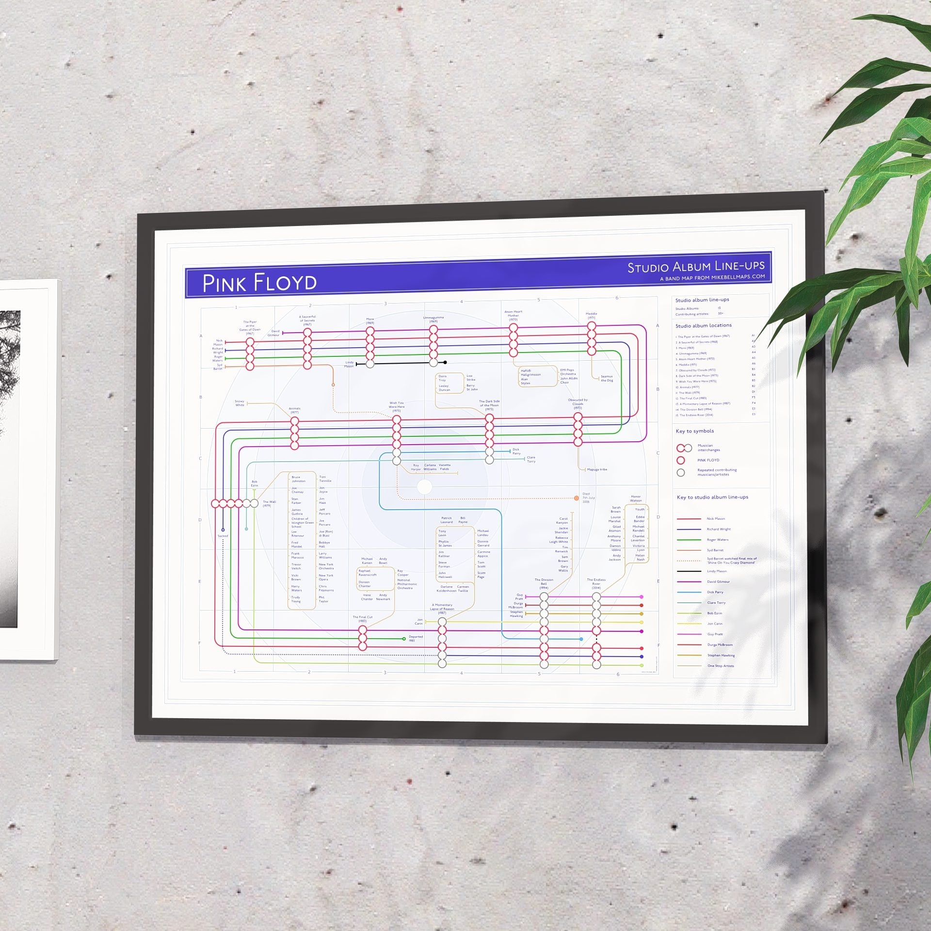 Gift for Pink Floyd fans - 24x18in (A2 equivalent) framed Giclée discography tube map wall art print, designed by Mike Bell.