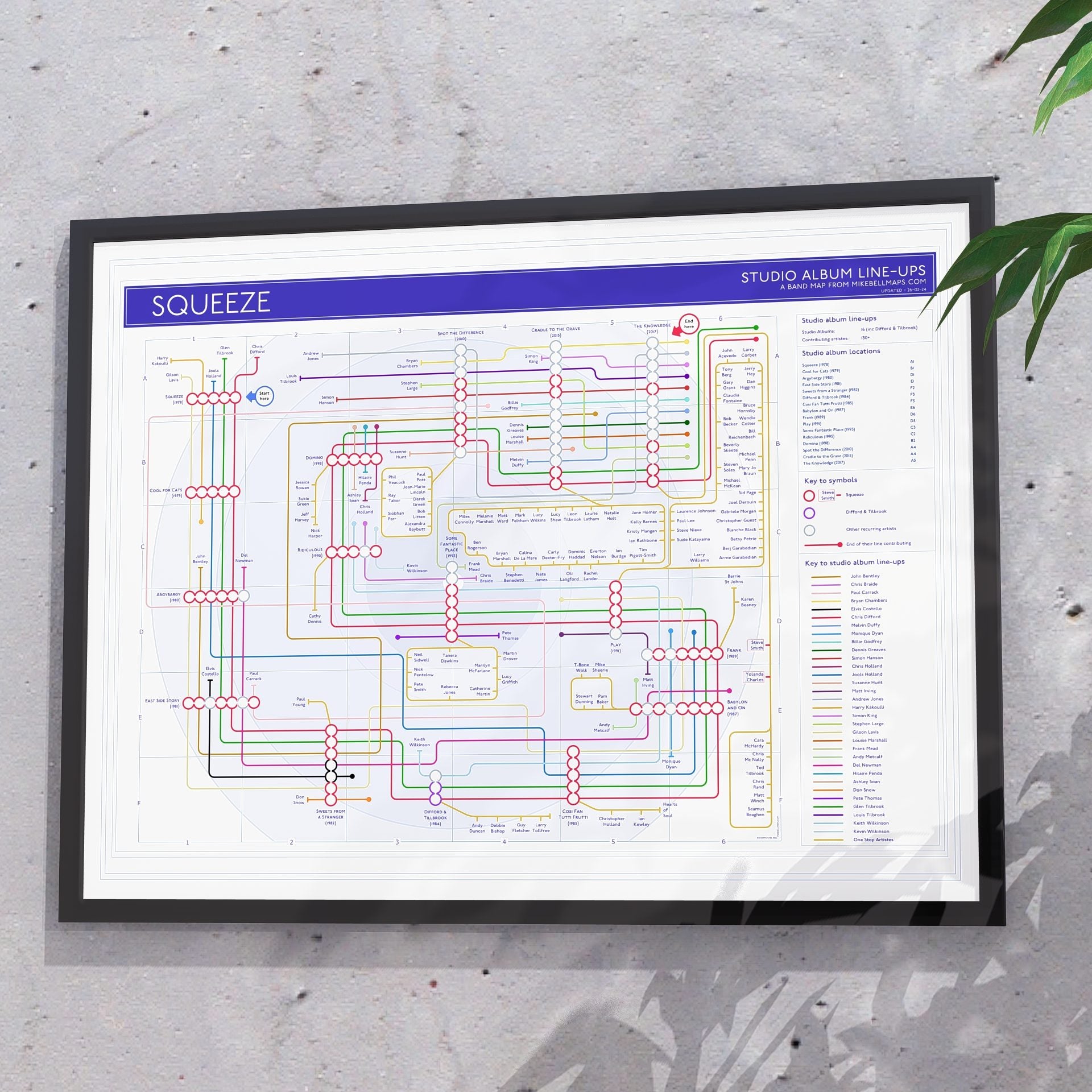 Gift for Squeeze fans - 24x18in (A2 equivalent) framed Giclée discography tube map wall art print, designed by Mike Bell.