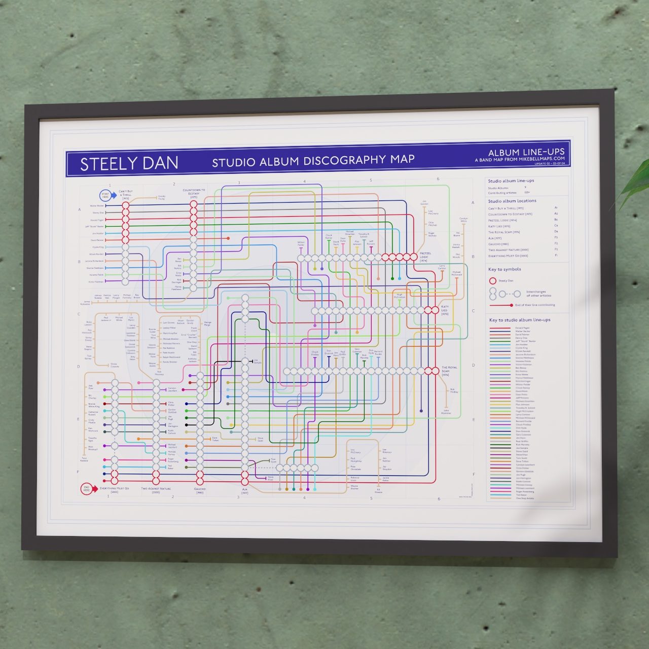 Gift for Steely Dan fans - 24x18in (A2 equivalent) framed Giclée discography tube map wall art print, designed by Mike Bell.