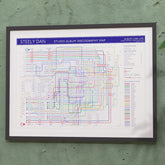 Steely Dan discography map in 24x18in, framed Giclée wall art print sized for US framing, designed by Mike Bell.