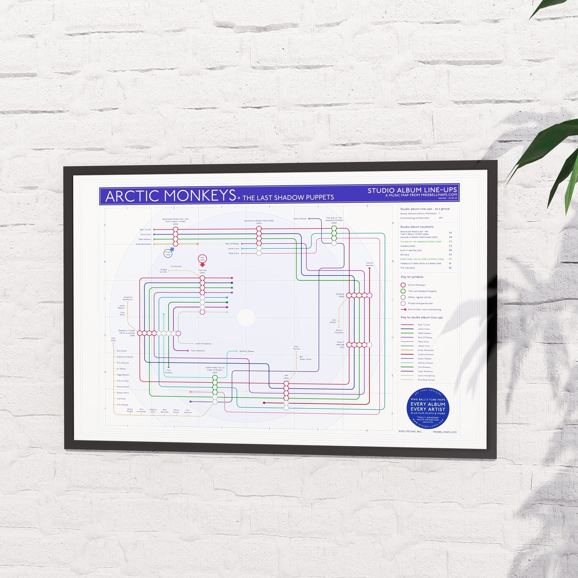 Gift for Arctic Monkeys fans - 36x24in (A1 equivalent) framed Giclée discography tube map wall art print, designed by Mike Bell.