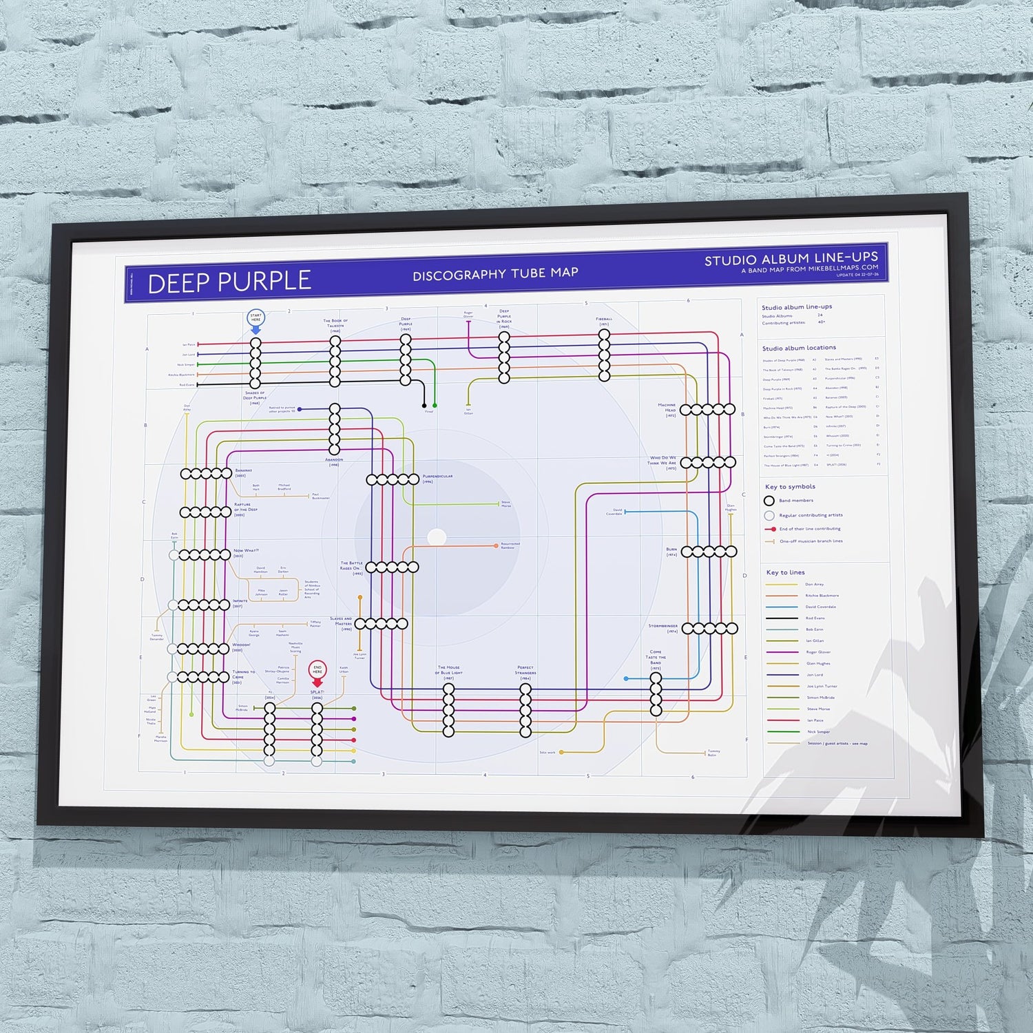 Gift for Deep Purple fans - 36x24in (A1 equivalent) framed Giclée discography tube map wall art print, designed by Mike Bell.