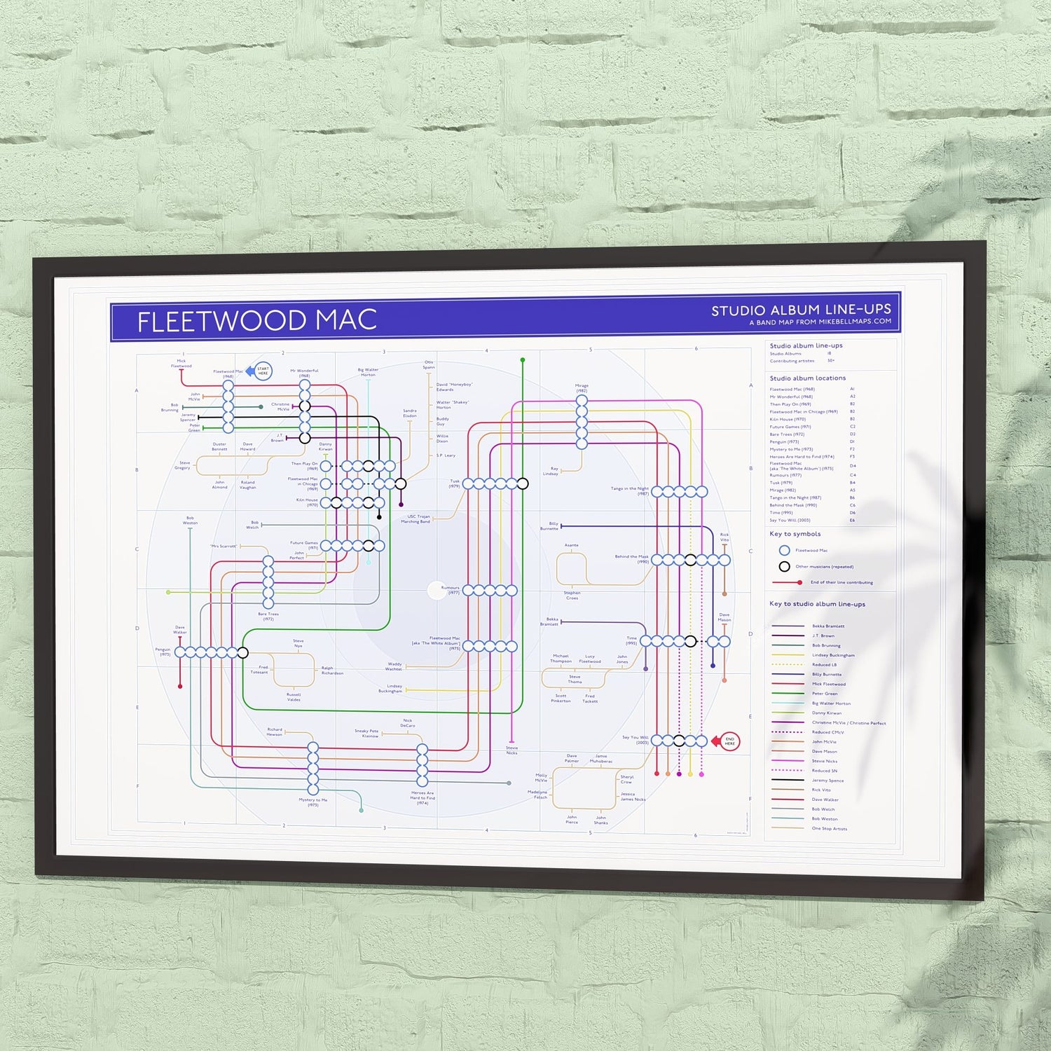 Gift for Fleetwood Mac fans - 36x24in (A1 equivalent) framed Giclée discography tube map wall art print, designed by Mike Bell.