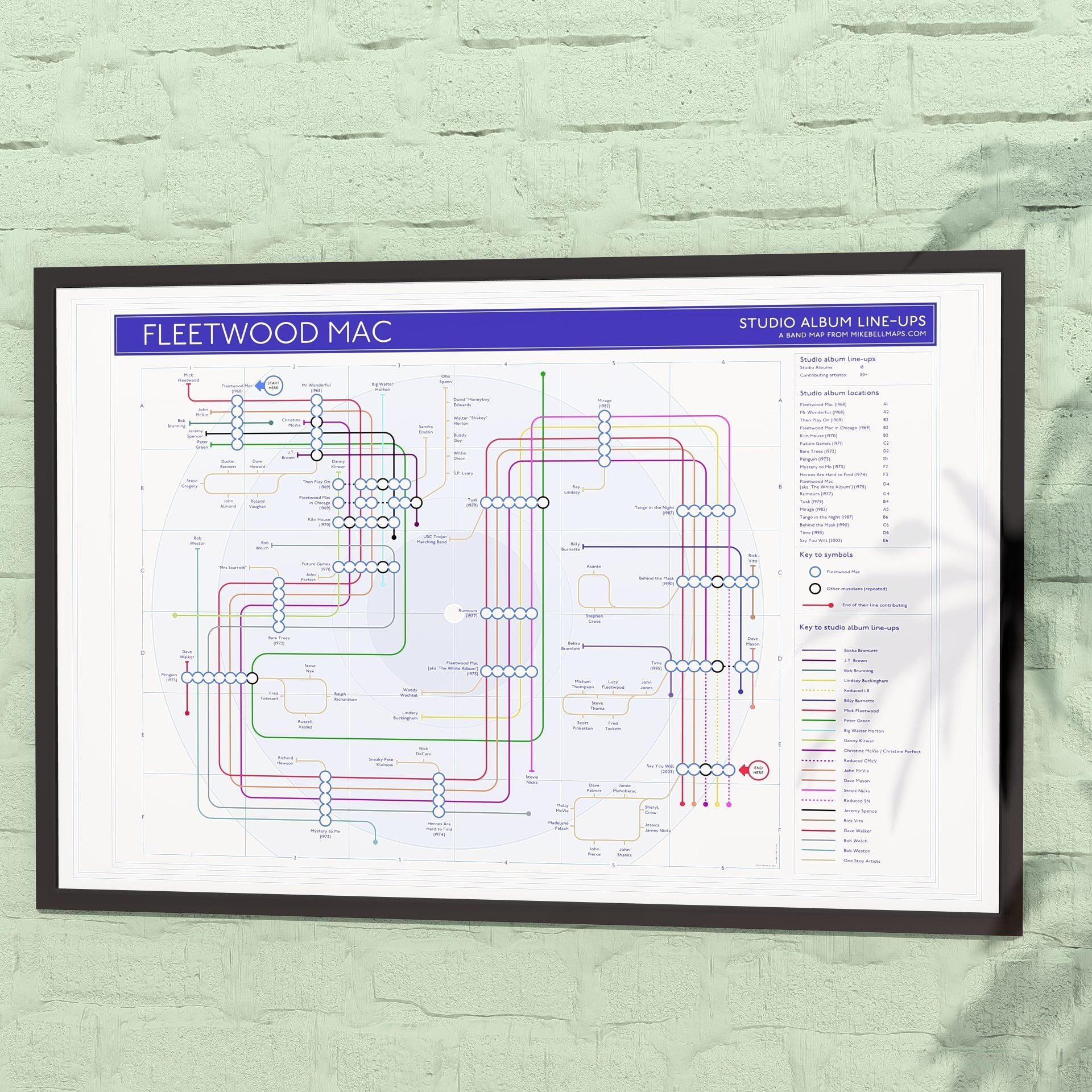 Gift for Fleetwood Mac fans - 36x24in (A1 equivalent) framed Giclée discography tube map wall art print, designed by Mike Bell.