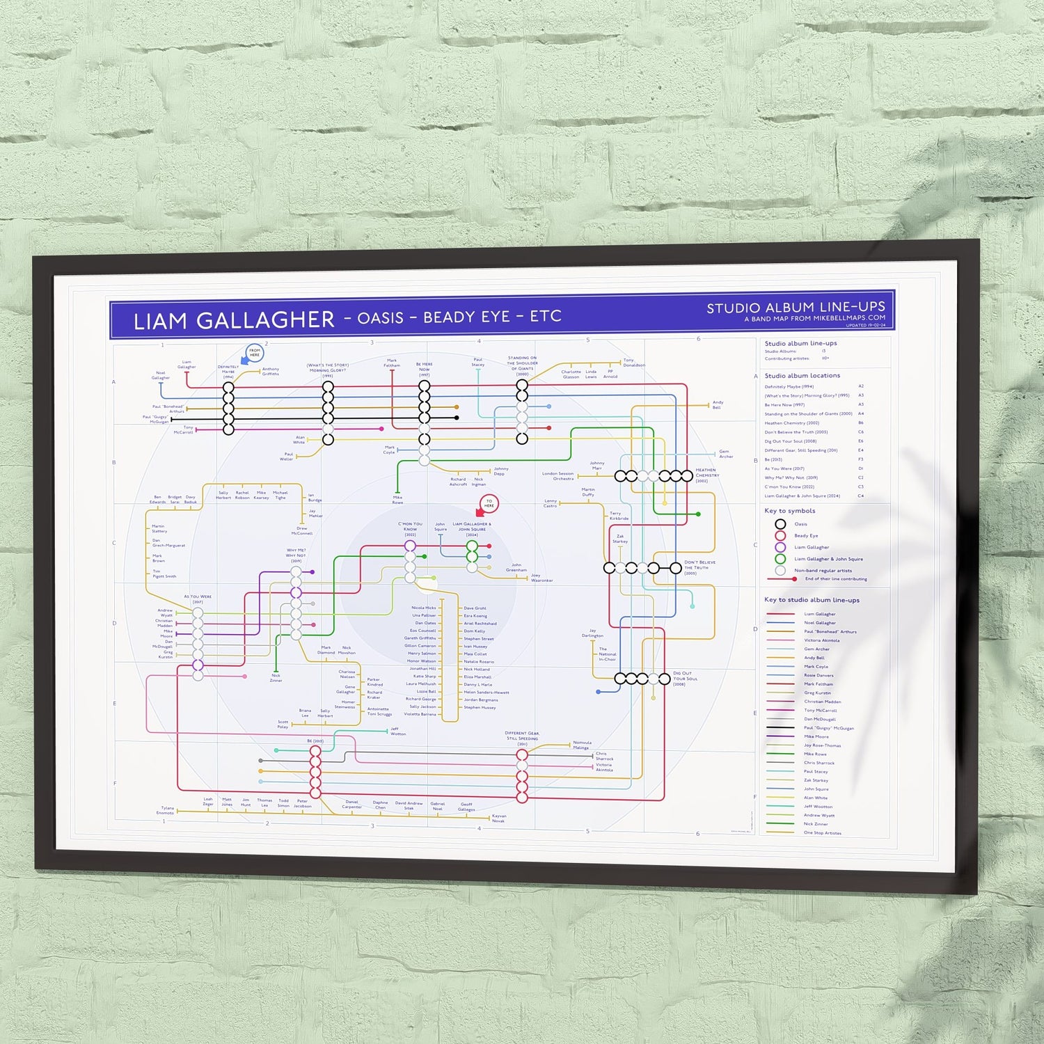 Liam Gallagher discography map in 36x24in, framed Giclée wall art print of the full studio catalogue, designed by Mike Bell.