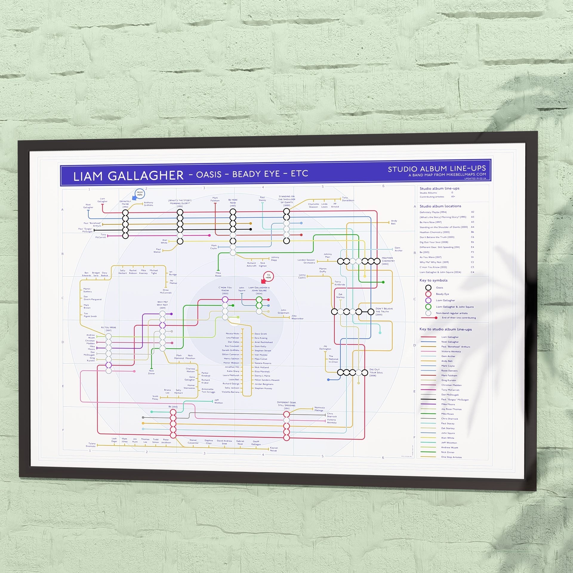 Liam Gallagher discography map in 36x24in, framed Giclée wall art print of the full studio catalogue, designed by Mike Bell.