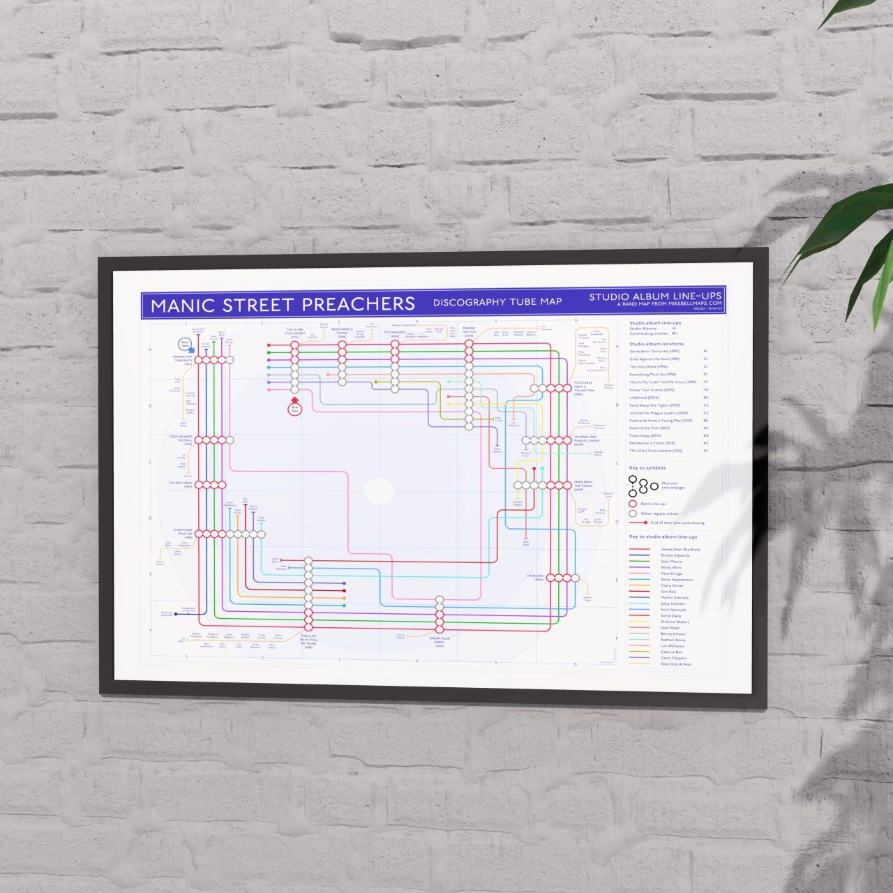 Gift for Manic Street Preachers fans - 36x24in (A1 equivalent) framed Giclée discography tube map wall art print, designed by Mike Bell.