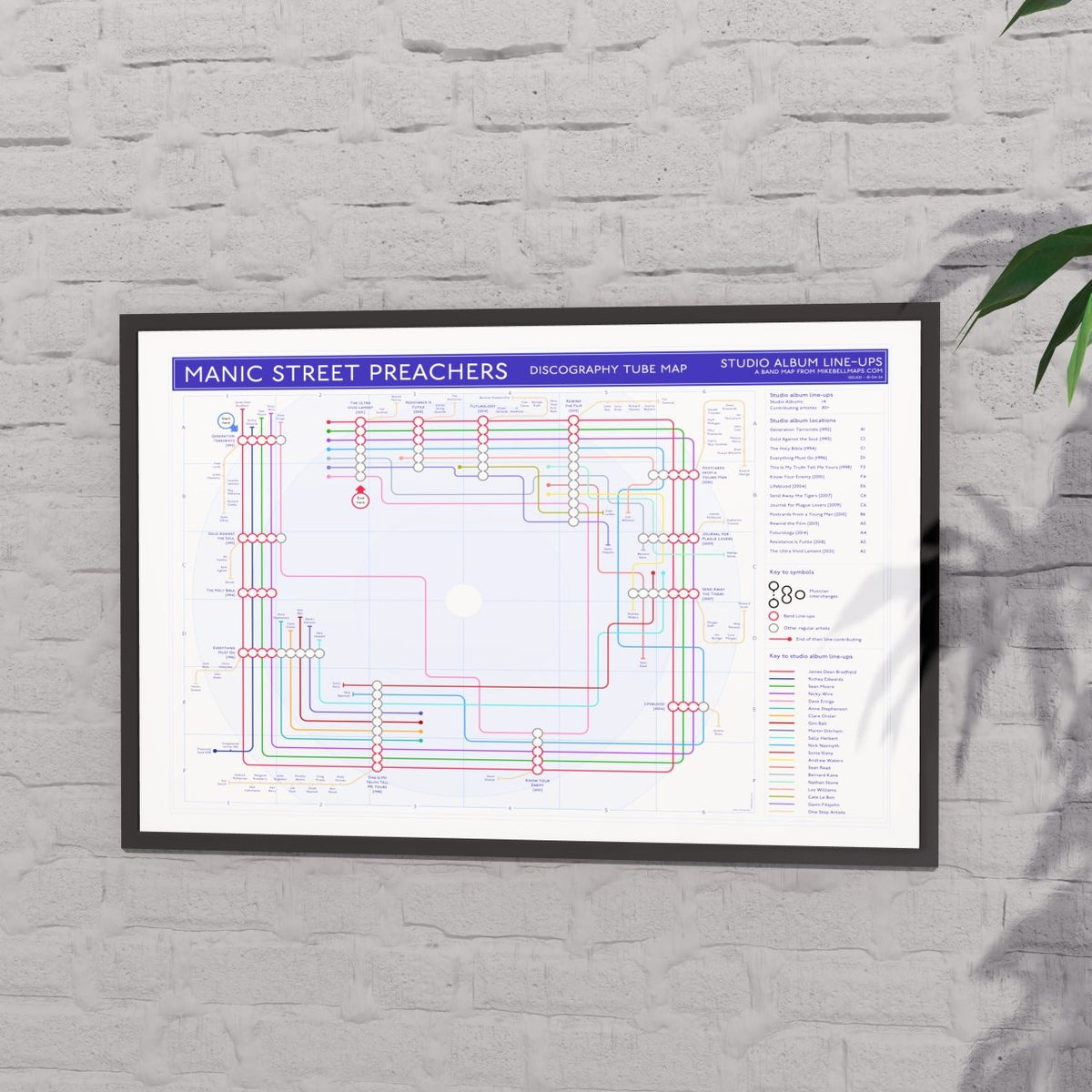 Manic Street Preachers discography map in 36x24in, framed Giclée wall art print of the studio albums, designed by Mike Bell.
