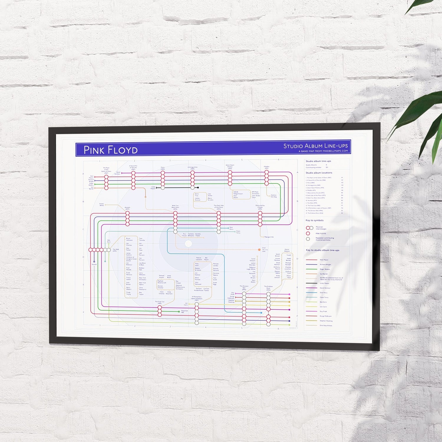Gift for Pink Floyd fans - 36x24in (A1 equivalent) framed Giclée discography tube map wall art print, designed by Mike Bell.