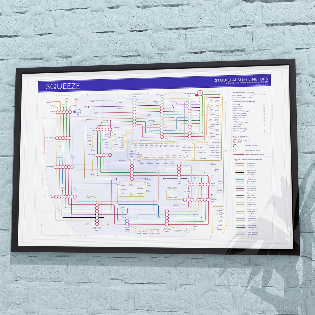 Gift for Squeeze fans - 36x24in (A1 equivalent) framed Giclée discography tube map wall art print, designed by Mike Bell.