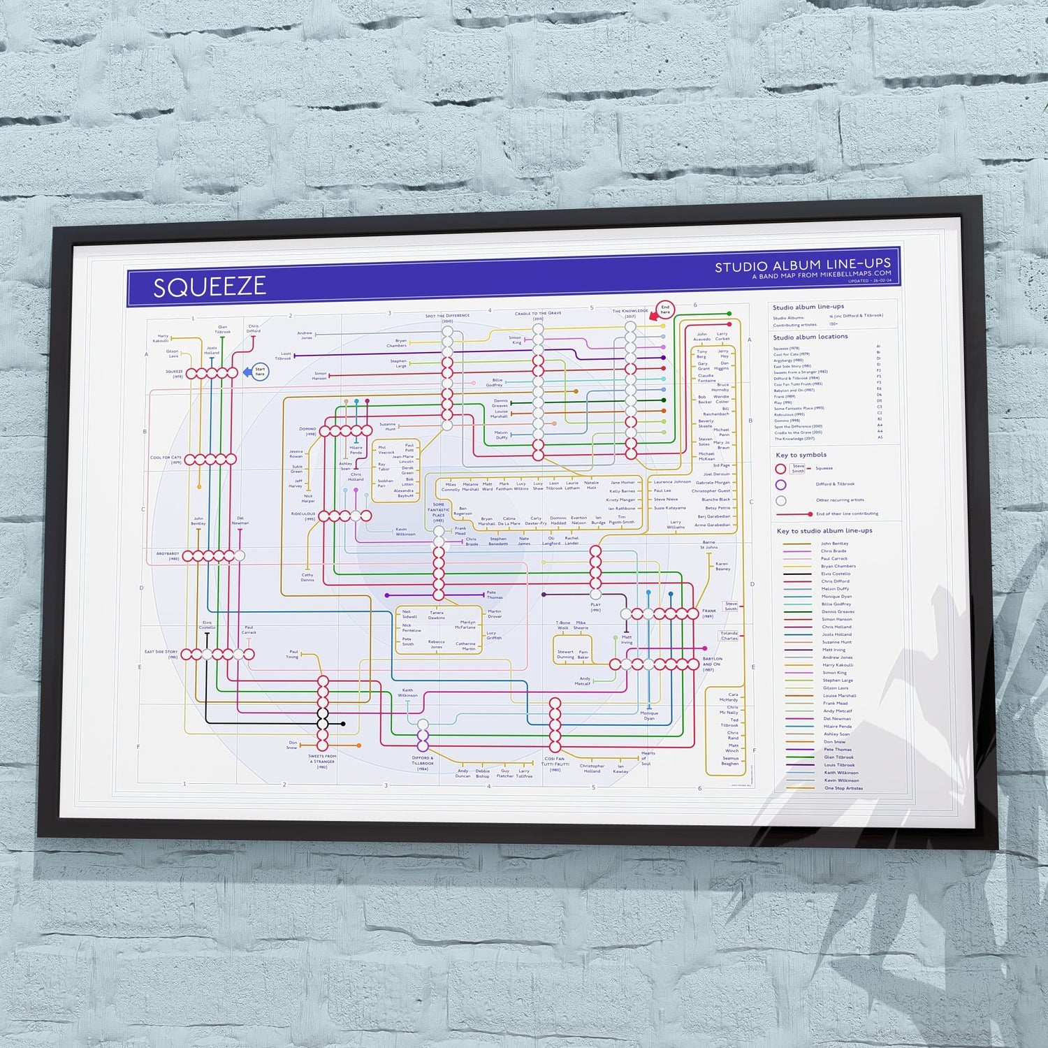Gift for Squeeze fans - 36x24in (A1 equivalent) framed Giclée discography tube map wall art print, designed by Mike Bell.