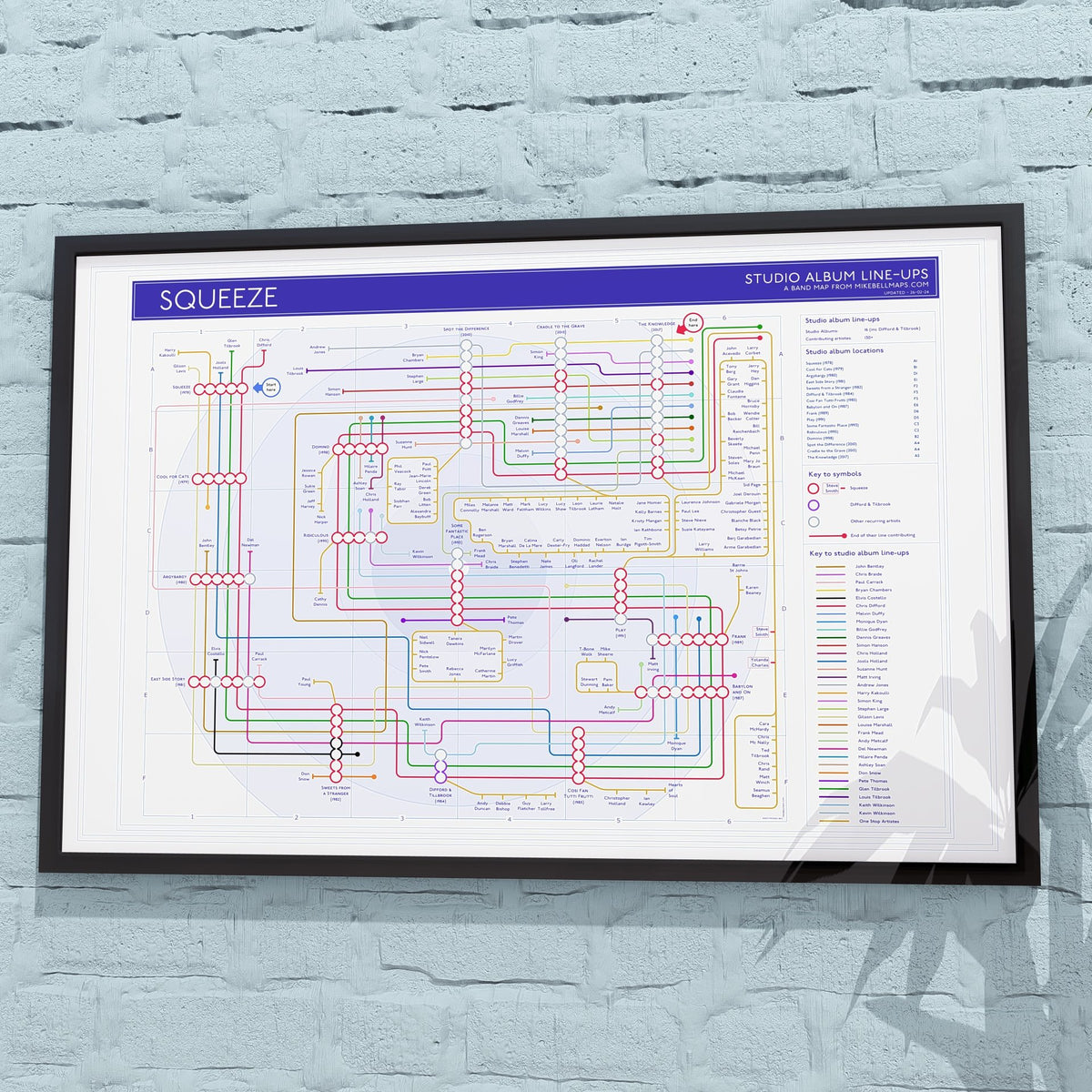 Squeeze discography map in 36x24in, framed Giclée wall art print of the studio albums, designed by Mike Bell.
