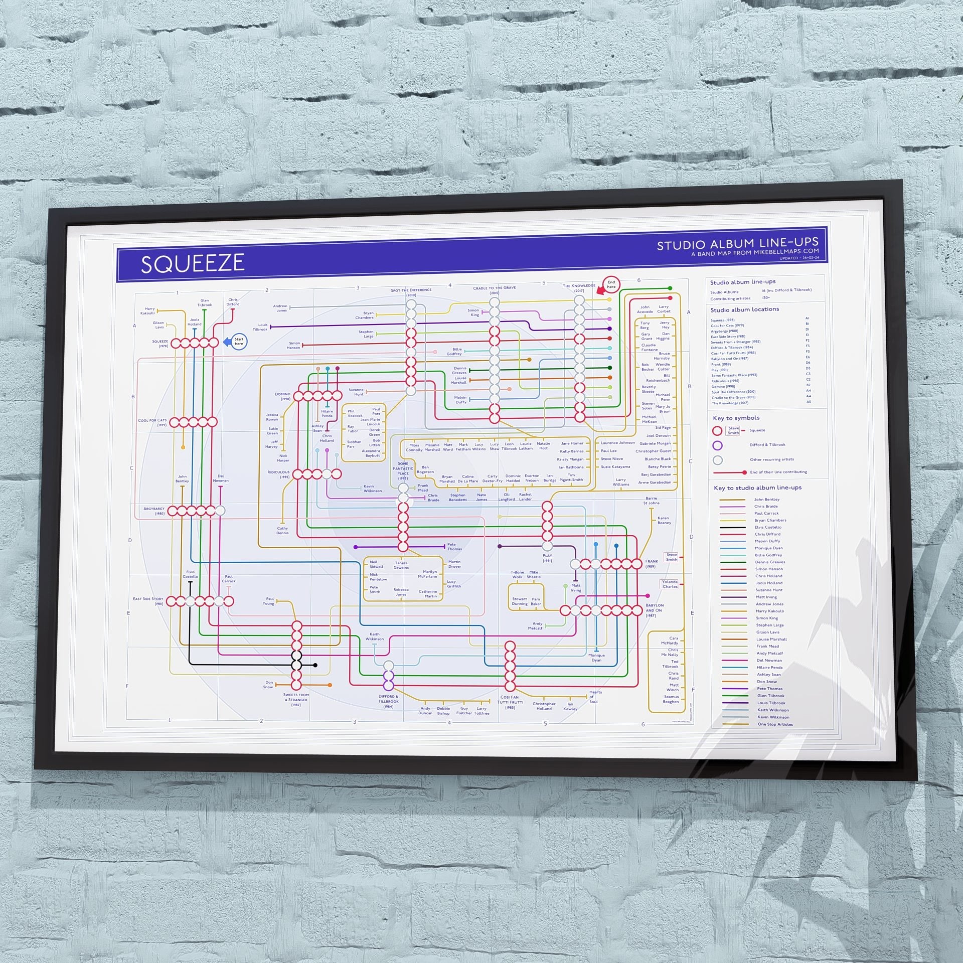 Gift for Squeeze fans - 36x24in (A1 equivalent) framed Giclée discography tube map wall art print, designed by Mike Bell.
