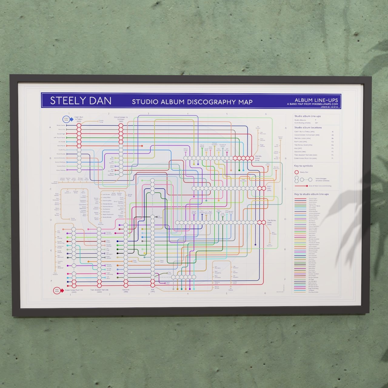 Gift for Steely Dan fans - 36x24in (A1 equivalent) framed Giclée discography tube map wall art print, designed by Mike Bell.