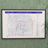 Steely Dan discography map in 36x24in, framed Giclée wall art print of the full studio catalogue, designed by Mike Bell.