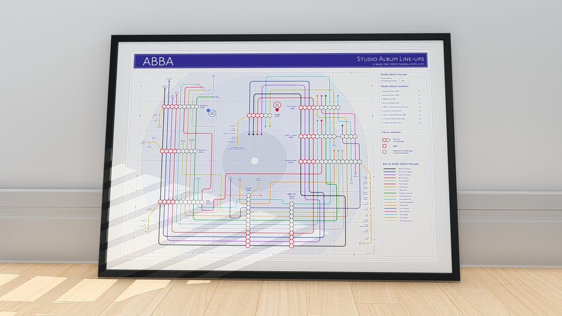 ABBA Music Maps Discography Wall Art Print for Fans - A1 Framed Print in Black