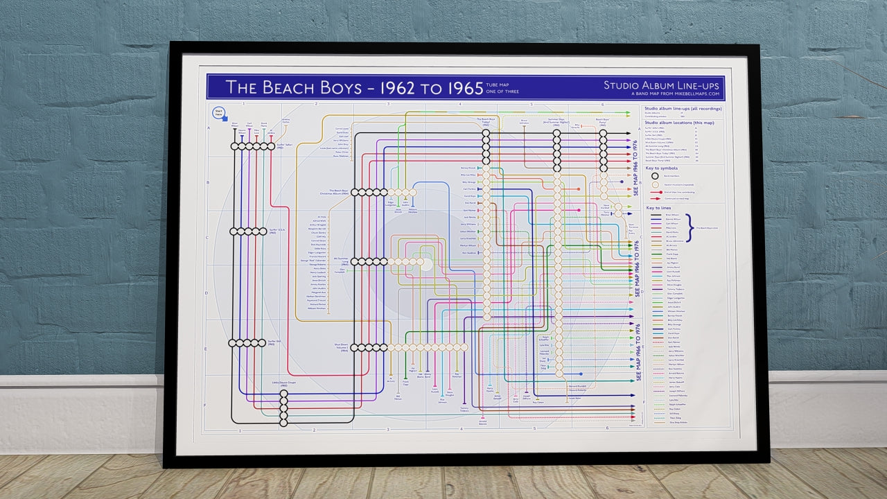 Beach Boys transit map art print shows every album as a station and every musician as a tube line. Highly detailed and unique.