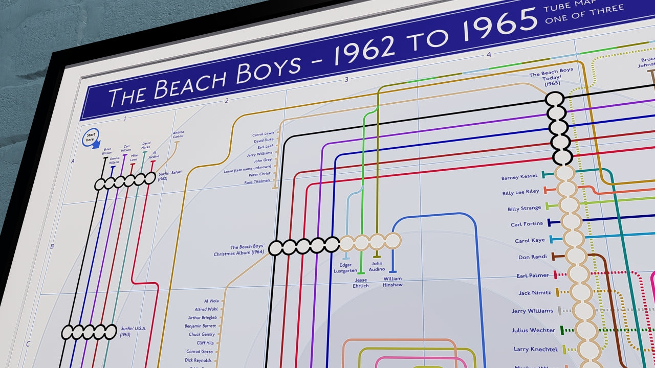 Beach Boys studio album/musician transit map art print, uniquely detailed on archival quality paper, framed and unframed, sizes shipped globally.