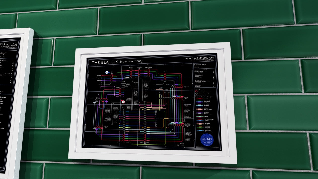 Unique art print showing The Beatles' studio albums in order as a transit map, with each album as a station and artists as tube lines.