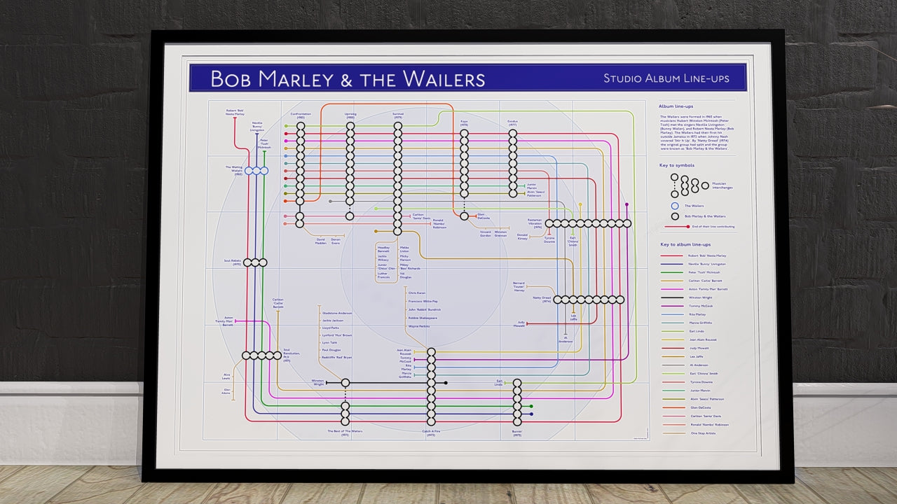 Unique Bob Marley music map art print, appealing to fans of music, records, and gigs.