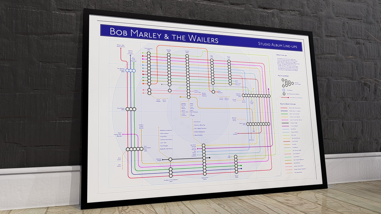 Unique art print featuring Bob Marley on music maps, suitable for fans of music, records, and gigs, or as a gift.