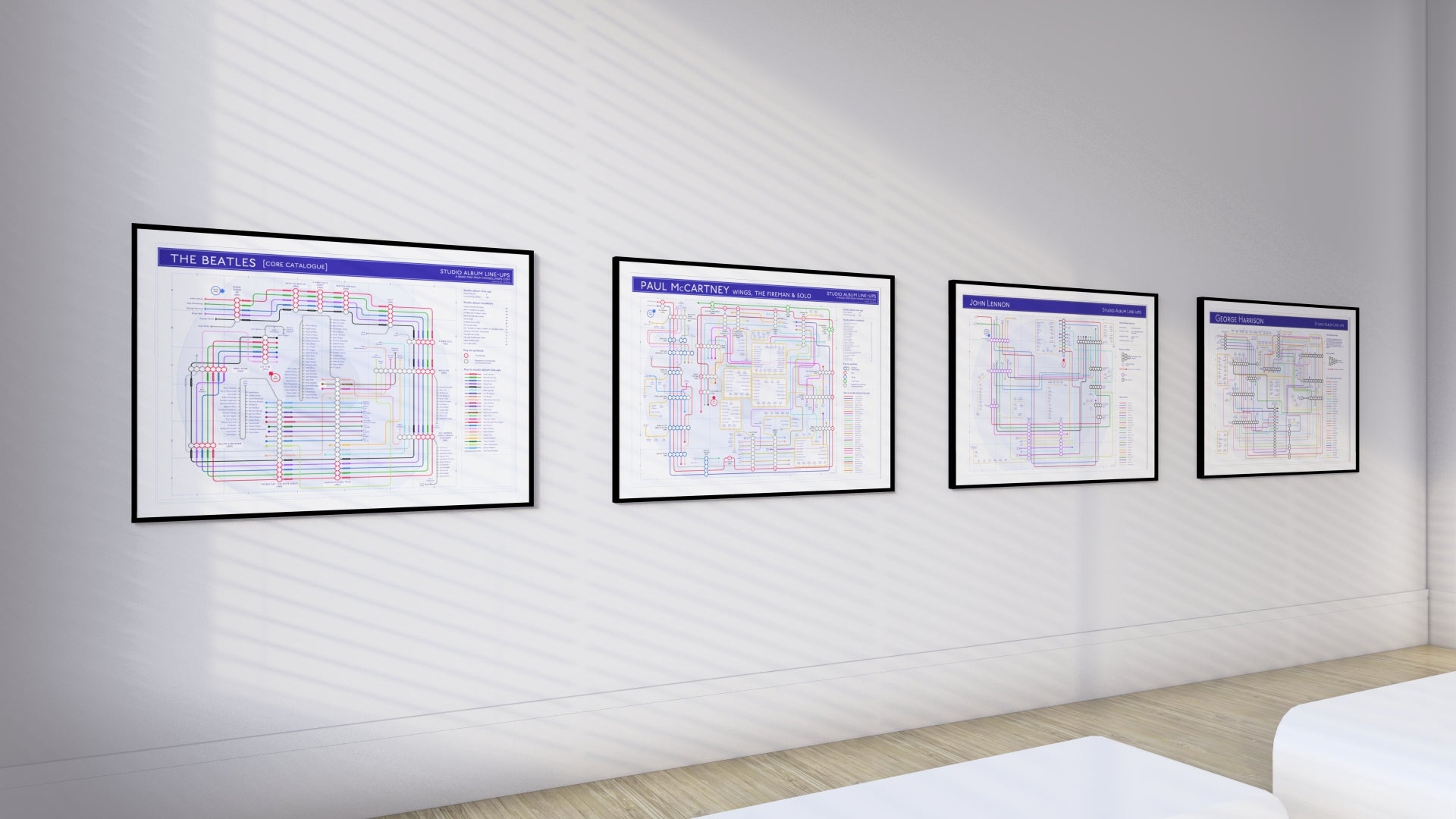 The Beatles Discography Tube Map alongside McCartney, lennon and Harrison music maps in a gallery