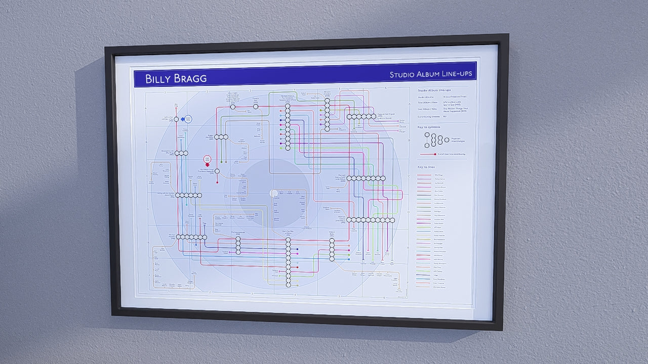 The Billy Bragg Discography Tube Map Wall Art Print, created by Mike Bell in black frame