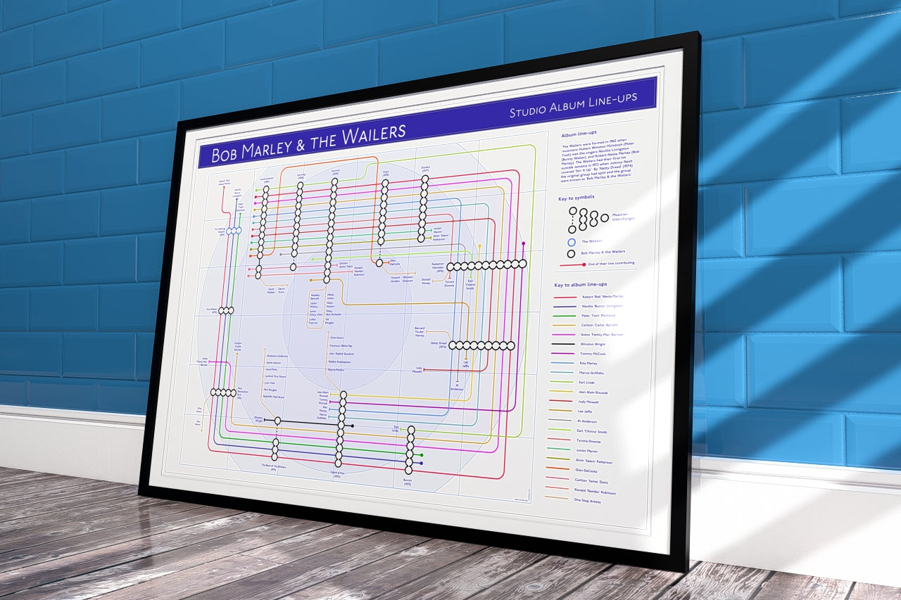 Unique Bob Marley art print featuring Bob Marley on music maps, suitable for fans of music, records, and gigs, or as a gift.