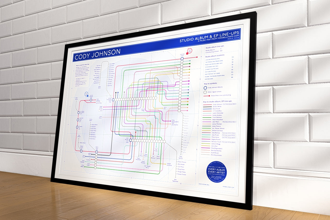Cody Johnson art print: Mike Bell discography tube map featuring all studio albums as stations and all musicians as connecting lines.