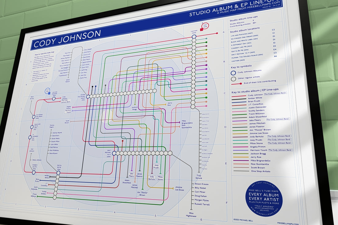 Cody Johnson art print: Every studio album is a station and every musician is a transit line on this discography tube map by Mike Bell.