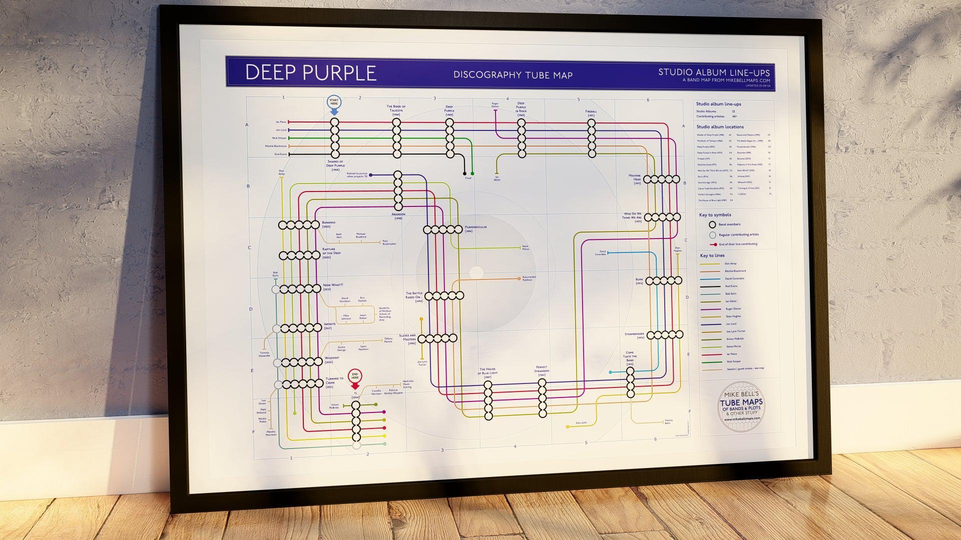 Close-up of a colorful route chart capturing Deep Purple's album journey in a modern frame