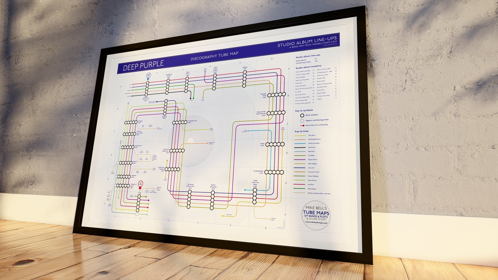 Slight angle view of framed Deep Purple's music map, highlighting vivid routes and album intersections