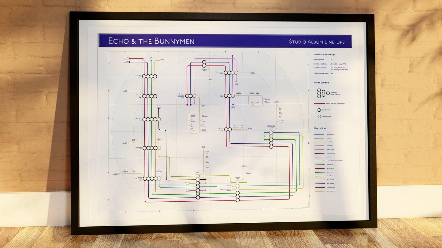 Front-on shot of Echo & the Bunnymen's discography print - interconnections and iconic style