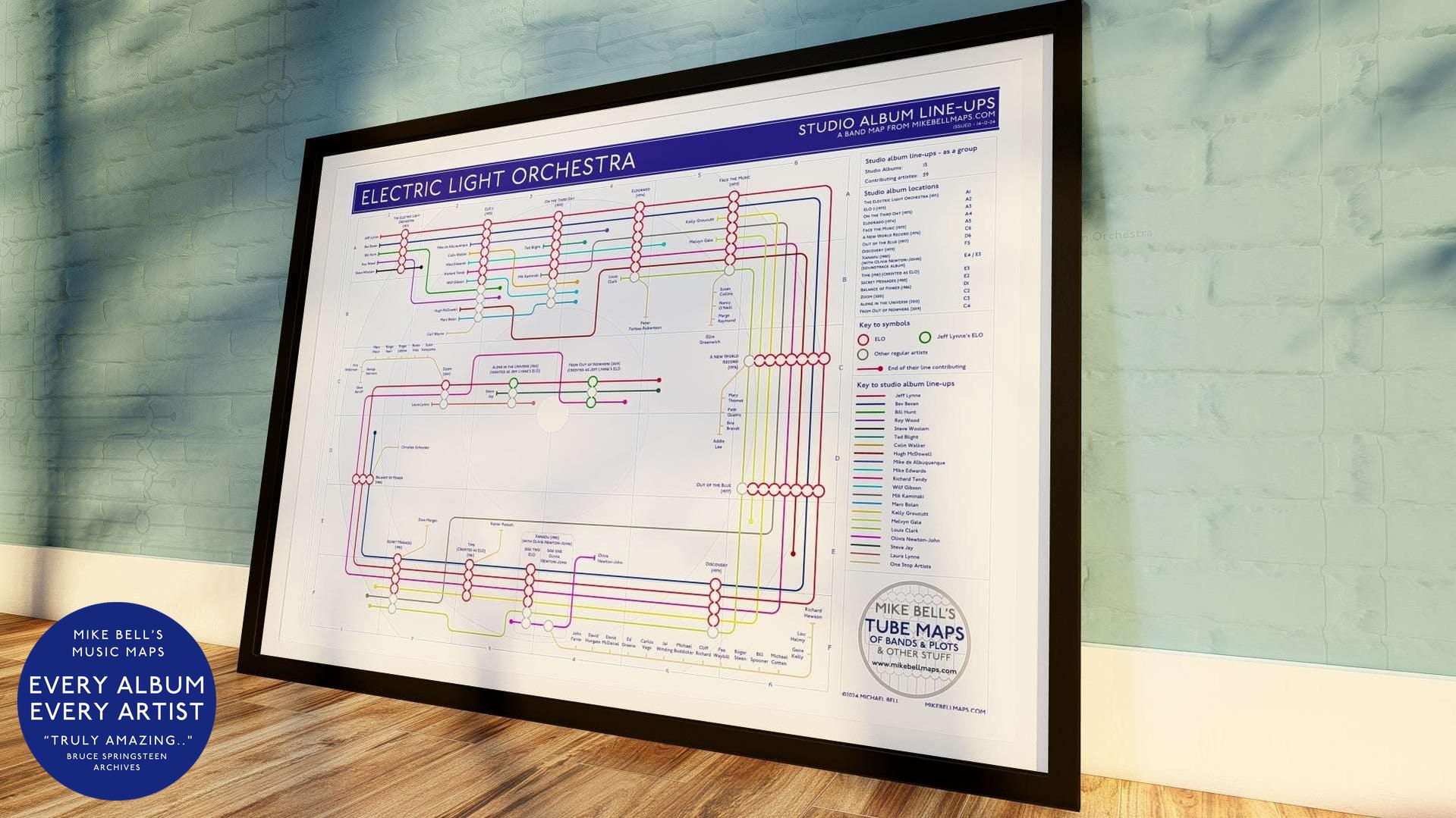 Slight angle view of framed ELO's albums in order map of artist routes and album intersections