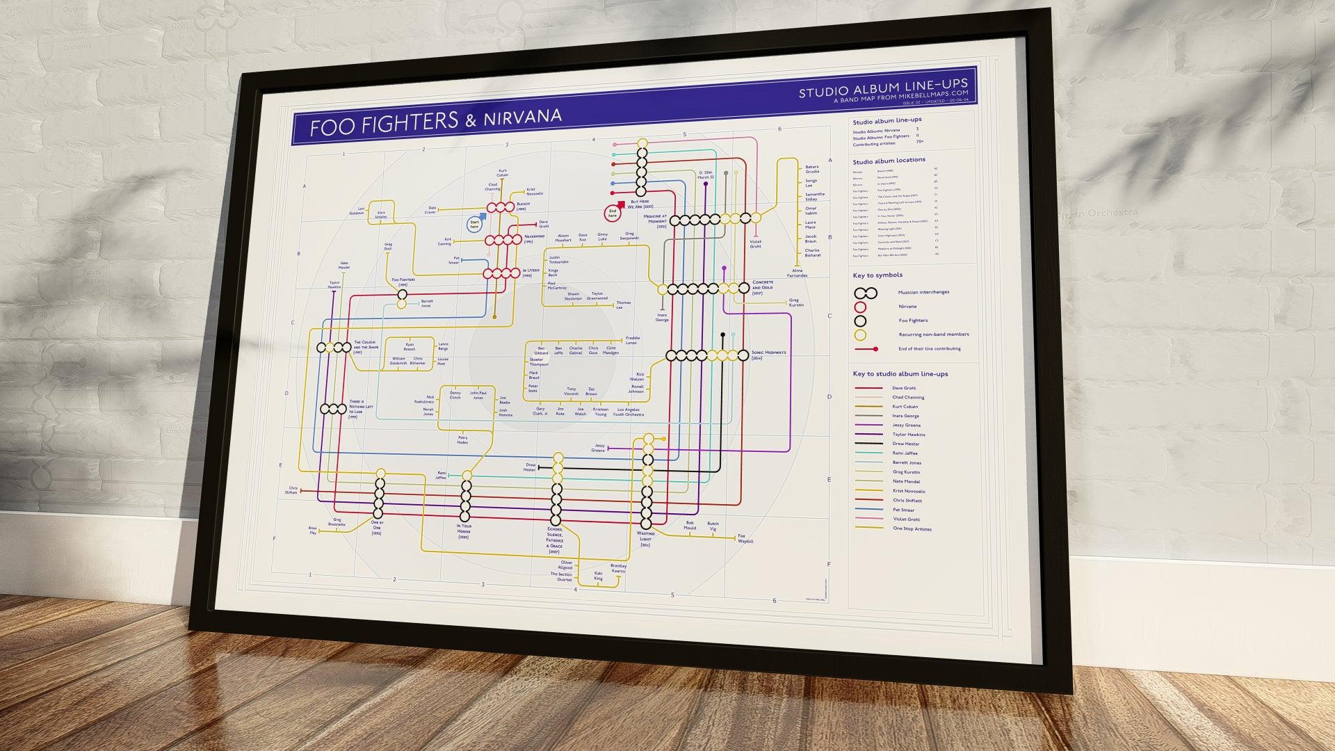 Angle view of framed Nirvana / Foo Fighter's music map of artist routes and album intersections