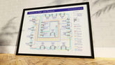 Formula One 2020 season map motorsport wall art print in a black A1 landscape frame, hung on a feature wall, showing every Grand Prix of the pandemic-shortened 2020 F1 World Championship with Hamilton&