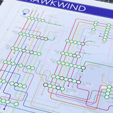 Close-up of the Hawkwind discography tube map showing Dave Brock as the single unbroken line running through every studio album from the 1970 debut onwards, designed by Mike Bell.