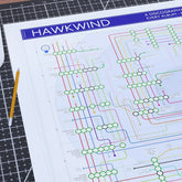 Close-up of the Hawkwind discography tube map showing the early seventies space rock era around In Search of Space and Hall of the Mountain Grill, with Nik Turner&