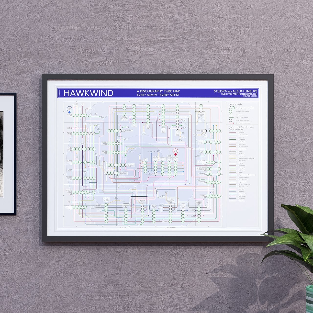 Hawkwind discography tube map in A2 (420x594mm, 18x24in), framed Giclée wall art print in a black wooden frame, designed by Mike Bell.