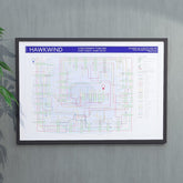 Hawkwind discography tube map in A1 (594x841mm, 24x36in), framed Giclée wall art print hung in a black wooden frame showing the complete studio album sequence, by Mike Bell.