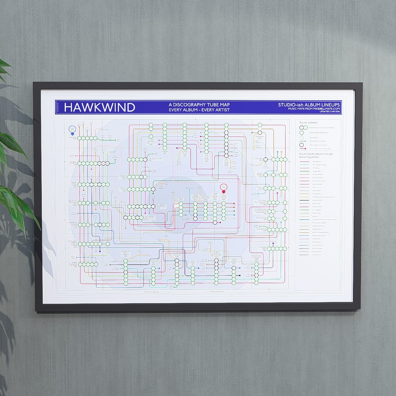 Hawkwind discography tube map in A1 (594x841mm, 24x36in), framed Giclée wall art print hung in a black wooden frame showing the complete studio album sequence, by Mike Bell.