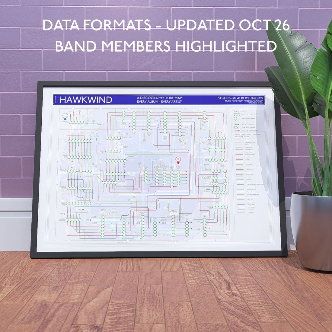 Hawkwind discography tube map shown framed in A1 at an angle, Giclée wall art print on 230gsm acid-free matte fine art paper, designed by Mike Bell.