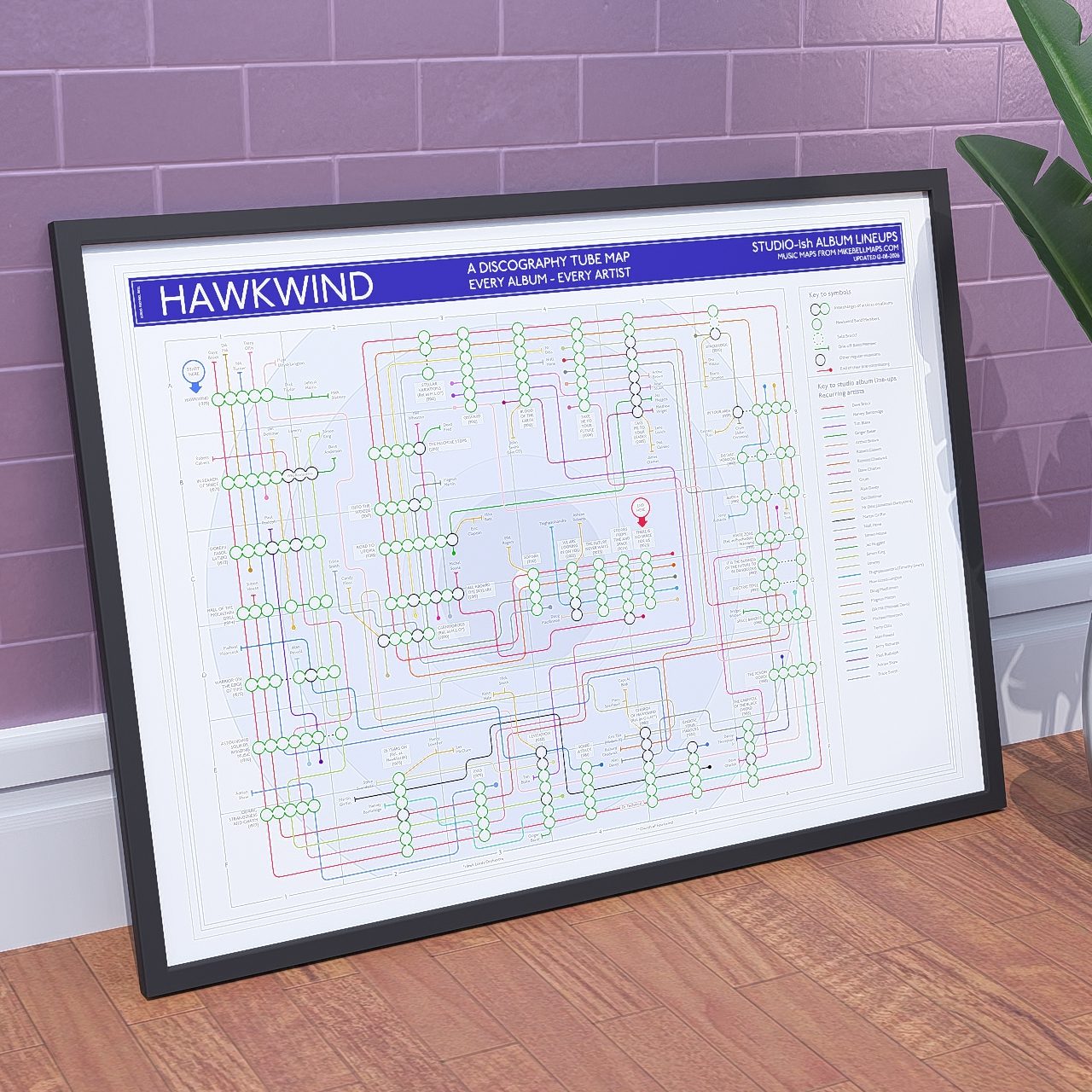 Hawkwind discography tube map shown framed in A1 at an angle, Giclée wall art print on 230gsm acid-free matte fine art paper, designed by Mike Bell.