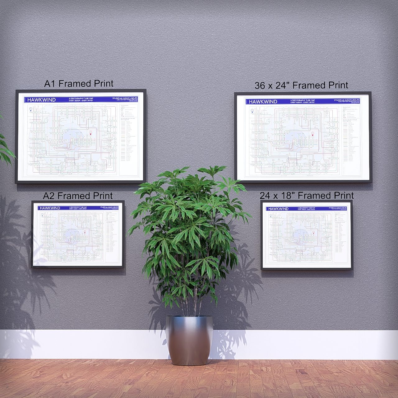 Hawkwind discography tube map wall art print collection shown across the A1, A2, 24x18in and 36x24in sizes, framed and unframed, designed by Mike Bell.