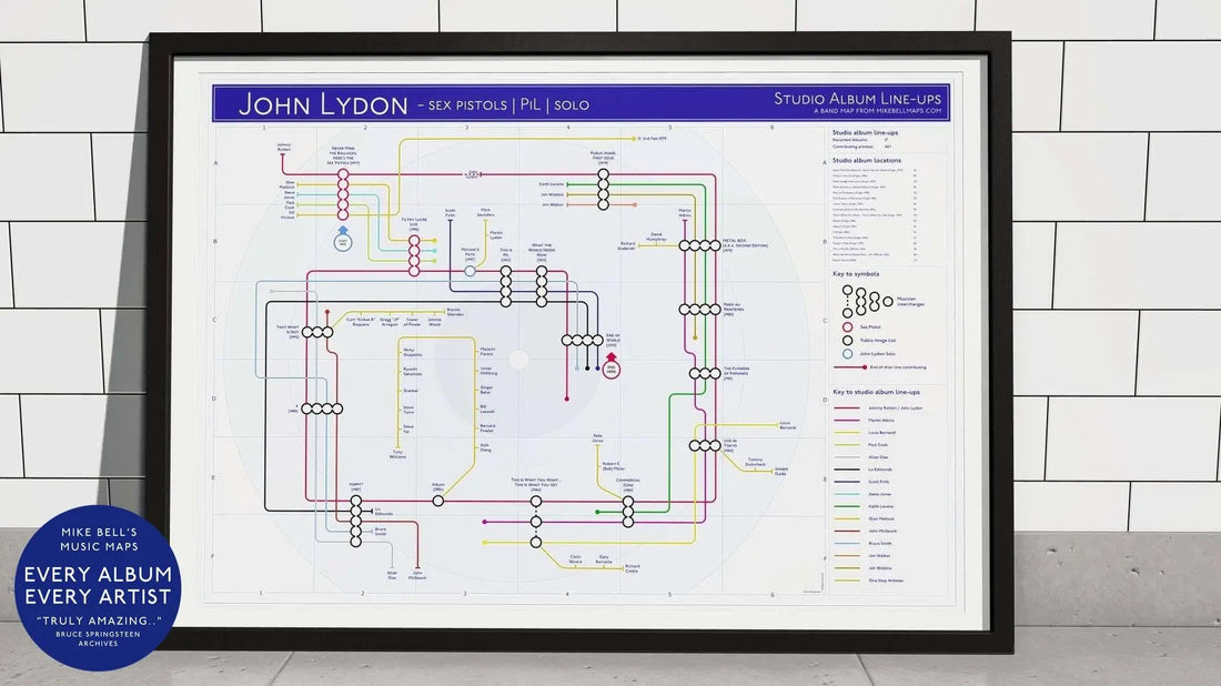 John Lydon / Sex Pistols / PIL unique art print: Music Maps design featuring the punk rock icon and his bands.