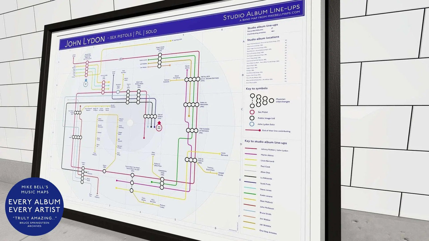 John Lydon unique art print, featuring a music map design. Also covers Sex Pistols and PIL. Ideal gift for music and record fans.