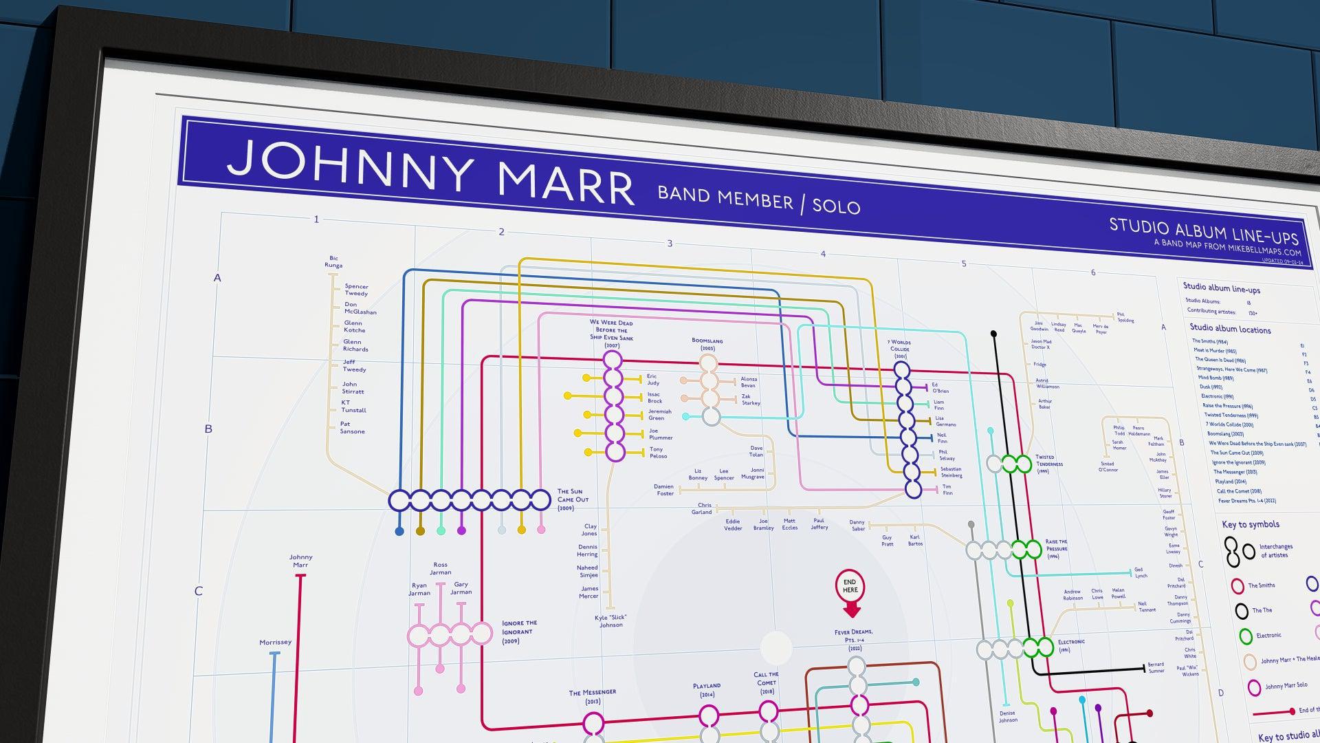 Close-up of a tube map-style timeline tracing Johnny Marr albums and collaborations.