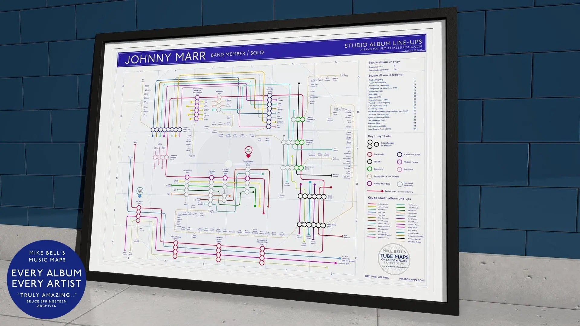 Wall-mounted framed print of Johnny Marr albums history, designed as a transit-style map.